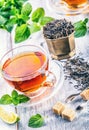 Tea. Mint Tea. Herbal tea. Mint leaf. Mint leaves. Tea in a glass cup, mint leaves, dried tea, sliced lime. herbs tea and mint lea Royalty Free Stock Photo