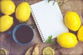 Tea. Mint Tea. Lemon Tea in a cup with lemons, blank notepad and biscotti Royalty Free Stock Photo