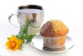 Tea with muffin and a globeflower Royalty Free Stock Photo