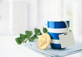 Tea mug and cookie empty copy space,beverage with tag,father`s day Royalty Free Stock Photo