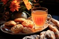 Tea in mug and cookies on the table. The concept of autumn comfort in the house