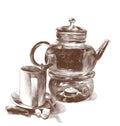Tea mug with mint leaves on a saucer with a teaspoon and a glass teapot