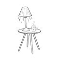 A tea mug on the table under lamplight outlined hand drawn vector