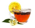 Tea pair isolated on white background, jasmine branch, lemon, r Royalty Free Stock Photo