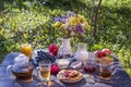 Tea, pancakes, milk and jam on the breakfast table in the autumn garden, close up Royalty Free Stock Photo