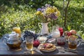 Tea, pancakes, milk and jam on the breakfast table in the autumn garden, close up Royalty Free Stock Photo