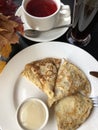 Tea and pancakes with vanilla cream Royalty Free Stock Photo