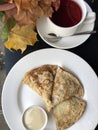 Tea and pancakes with vanilla cream Royalty Free Stock Photo