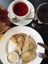 Tea and pancakes with vanilla cream Royalty Free Stock Photo