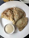 Tea and pancakes with vanilla cream Royalty Free Stock Photo