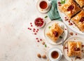 tea party with baklava, Turkish sweets, oriental sweets, top view, dessert, copy space Royalty Free Stock Photo