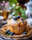 Tea party with blueberry muffins with powdered sugar and fresh berries. Generative AI