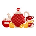 Tea party collection. Porcelain teapot, cups, berry jam and lemon