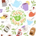 Tea party collection, vector illustration background. Cup of tea on spring background, herbs, teapot and teakettle with