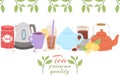 Tea party collection, vector illustration. Cup of bubble and herbal tea on spring background, herbs, teapot and