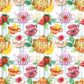 Tea party fairytale sweet stlye cupcake dessert tea party rose and strawberry seamless pattern