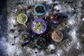 Tea party  flat lay top view with dry red hibiscus tea, Paraguay tea,dry Herb,berry of black chokeberry, flower of apple on Royalty Free Stock Photo