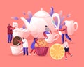Tea Party, Hot Beverage for Cold Season Concept. Tiny Men and Women Prepare to Drink Tea with Pastry Royalty Free Stock Photo