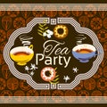 Tea party invitation card. Frame over pattern background