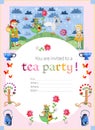 Tea party invitation for kids. Cute illustration of fairy land.