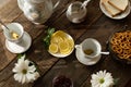 Tea party. Porcelain tea set on wooden table. Royalty Free Stock Photo