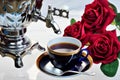 Tea party - samovar, Cup, flowers garden roses summer day. Samovar Ã¢â¬â creative metal for tea, Russian traditions, represents well