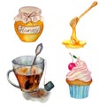 Tea party set. Watercolor illustration cup of tea, cupcake with cream, wooden spoon for honey, a jar of honey. Royalty Free Stock Photo