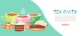 Tea party vector illustration, cartoon flat web banner design with porcelain cup of hot fresh drink beverage, chocolate