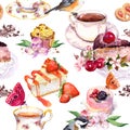 Tea pattern - flowers, teacup, cakes, bird. Food watercolor. Seamless background Royalty Free Stock Photo