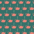 Tea pattern on green background. Kettle and leaf concept.