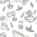 Brewing Chinese tea seamless pattern. Doodle teapots, Hand drawn green tea ceremony vector pattern