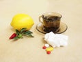 Tea, peppers,lemon natural remedies vs pills Royalty Free Stock Photo