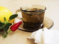 Tea, peppers,lemon natural remedies vs pills Royalty Free Stock Photo