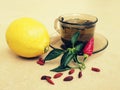 Tea, peppers,lemon natural remedies vs pills Royalty Free Stock Photo