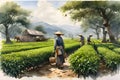 Tea pickers. The illustration shows girls harvesting crops on a plantation Royalty Free Stock Photo