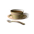 Tea in a pink cup with gold strips and a spoon