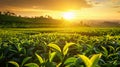 tea plantation landscape with closeup leaves at sunset Royalty Free Stock Photo