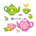 Tea porcelain service. Set of teapots in cartoon style and cakes Royalty Free Stock Photo