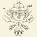 Tea pot with spoon and fork Royalty Free Stock Photo