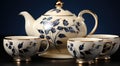 A tea pot and two cups on a table. AI. Royalty Free Stock Photo