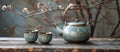 Tea Pot and Two Cups on Table Royalty Free Stock Photo