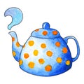 Tea pot by watercolors on white background. Dotted teapot handdrawn illustration.