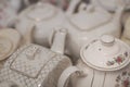 Tea pots at vintage cream tea Royalty Free Stock Photo