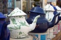 Tea Pots, white and blue Royalty Free Stock Photo