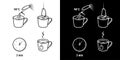 Tea preparing icons, tea bag brewing instructions, pour method, vector. Tea brew process icons with cut and infuser teapot Royalty Free Stock Photo