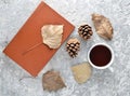 Tea when reading a book. Tea, a book, fallen leaves, bumps on a concrete table. Autumn winter atmosphere for reading story.