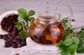 Tea from rose hips in a transparent teapot. The concept of medicinal drinks.