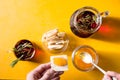 Tea with rosemary, pineapple jam and cookies on a yellow table Royalty Free Stock Photo