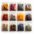 Tea Sampler Collection in Transparent Sachets on White Surface Royalty Free Stock Photo