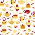 Tea Seamless Pattern with Cups, Pots and Candy. Hand Drawn Vector Illustration Royalty Free Stock Photo